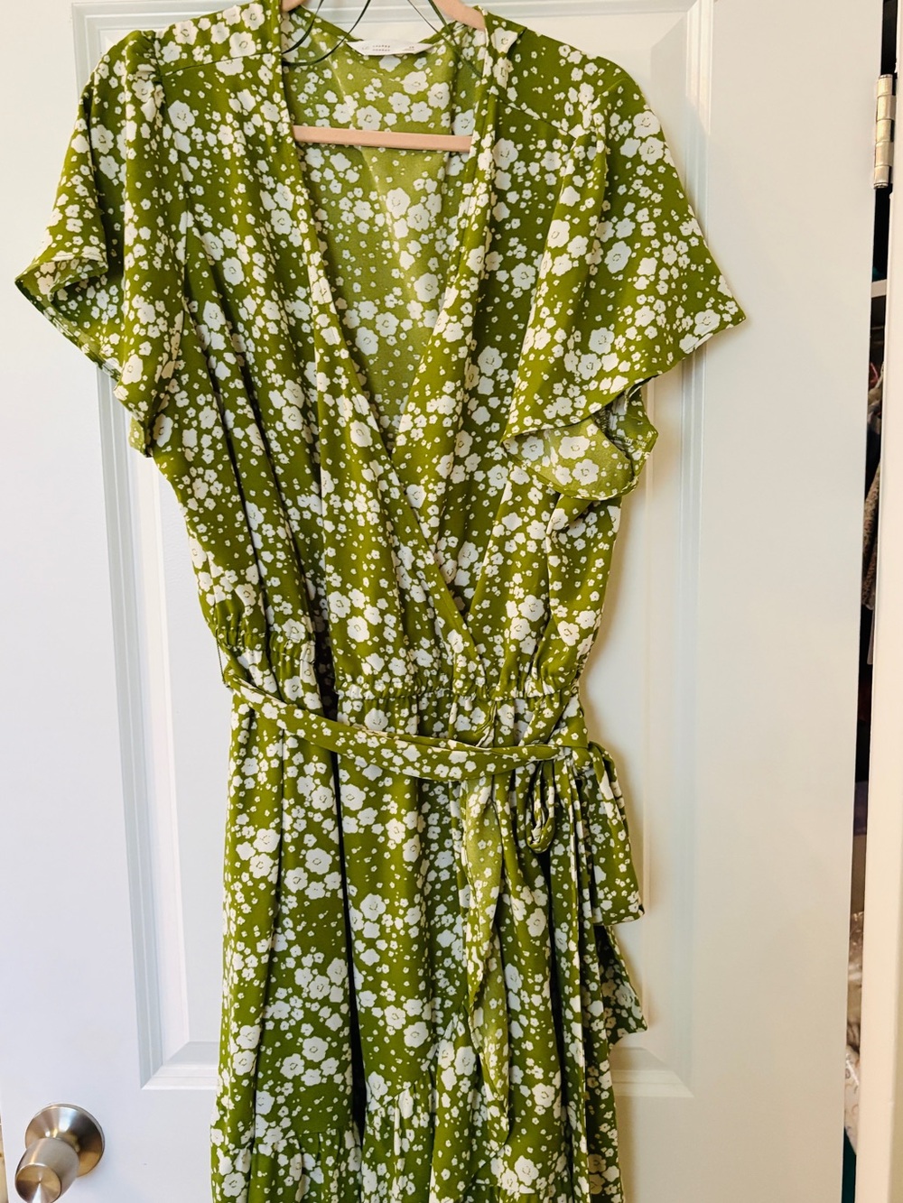 LC Lauren Conrad Olive Green and White Floral Wrap Midi Dress